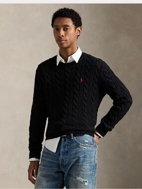 Polo Ralph Lauren Black Cable Knit Crewneck Sweater with Red Pony